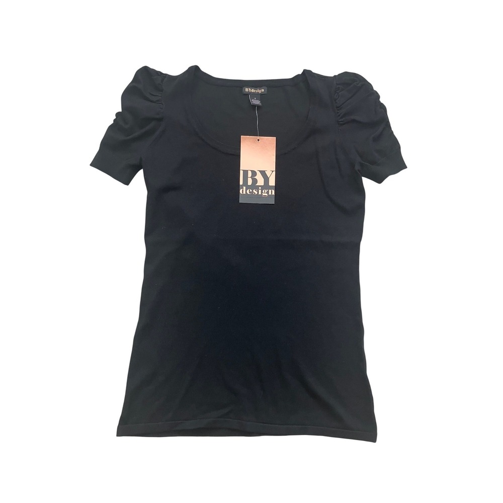 BYdesign Black Ruched Puff Sleeve‎ Scoop Neck Pullover Sweater Top Small NWT